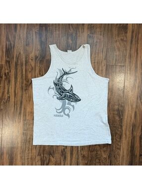 Vintage Y2K Hawaiian Tribal Shark Tank Top XL Grey Surf Beach Skater